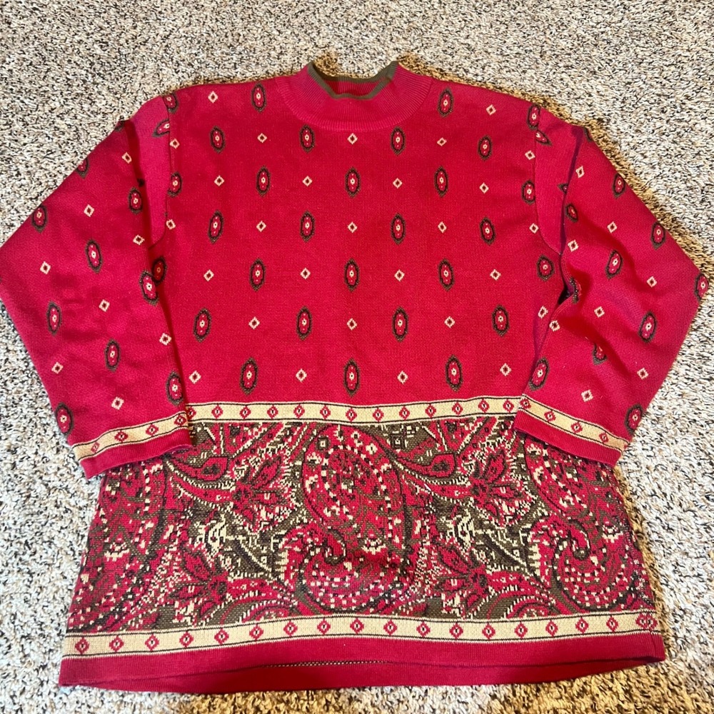 Robert Scott Ltd Red Paisley Mock Neck Knit Sweater Women's Size Medium